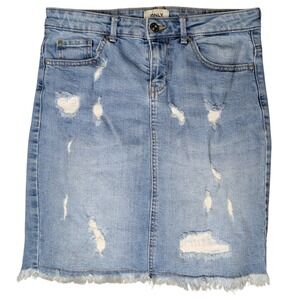 Only US 4 EUR 36 Blue Cotton Denim‎ Jean Midi Skirt Light Wash Distressed